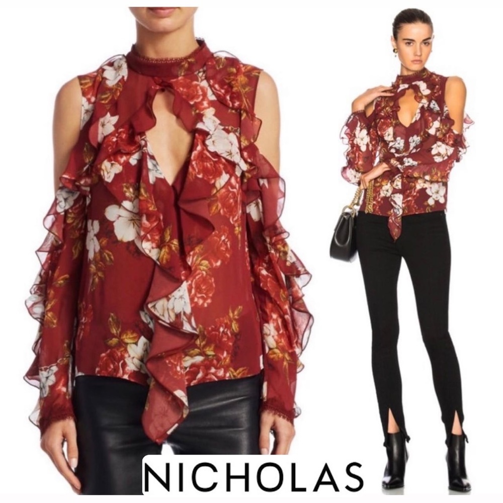NWT NICHOLAS Floral Print Ruffle Cold Shoulder Silk Blouse